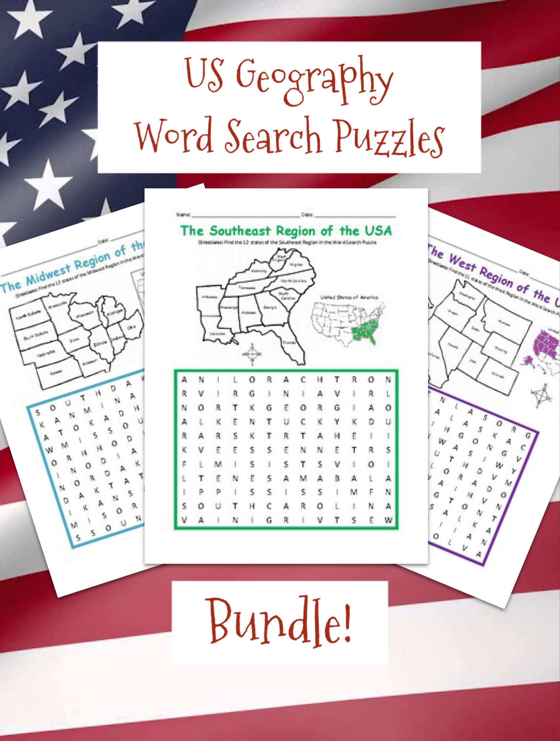Regions of the USA Printable Map and Word Search Puzzle Activity Packet